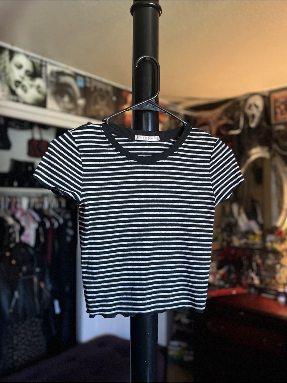 Heart & Hips Black & White Striped Short Sleeve Crop Top